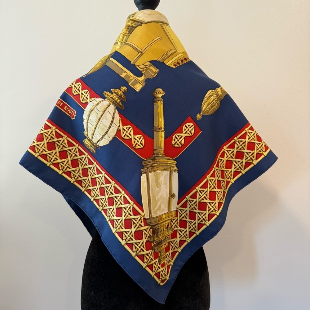 Authentic Hermes Elegant Blue and Gold Silk Scarf